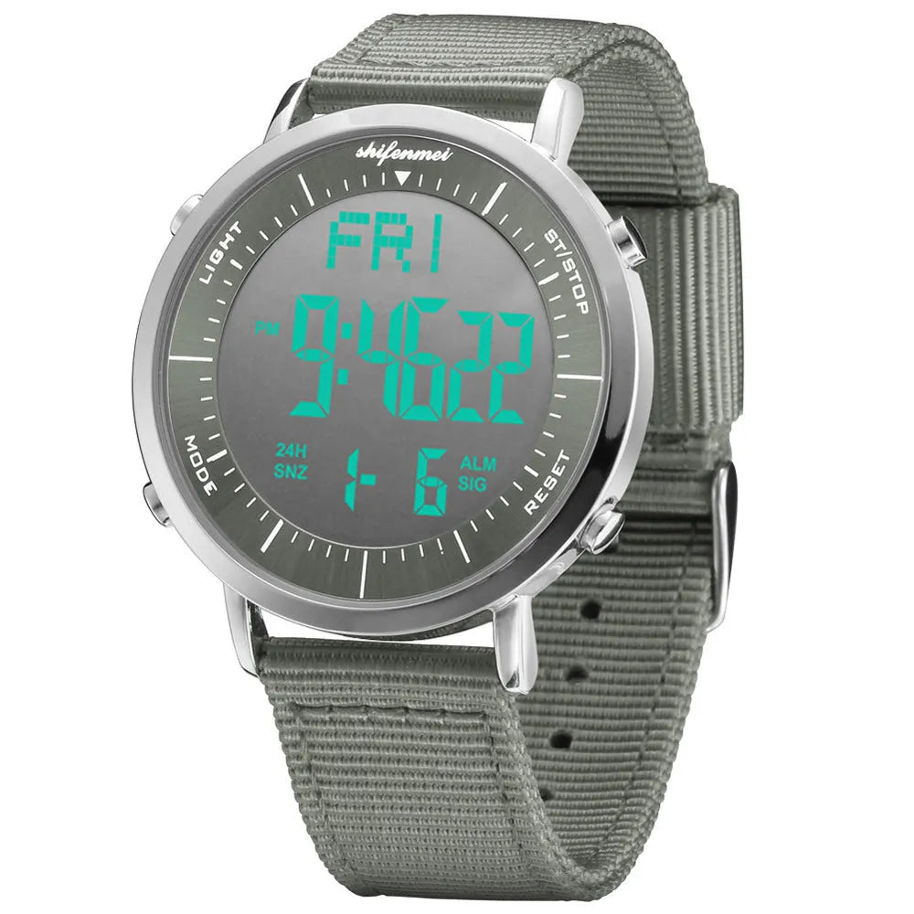 Shifenmei brand digital sports watch on wrist showing casual style and digital display.