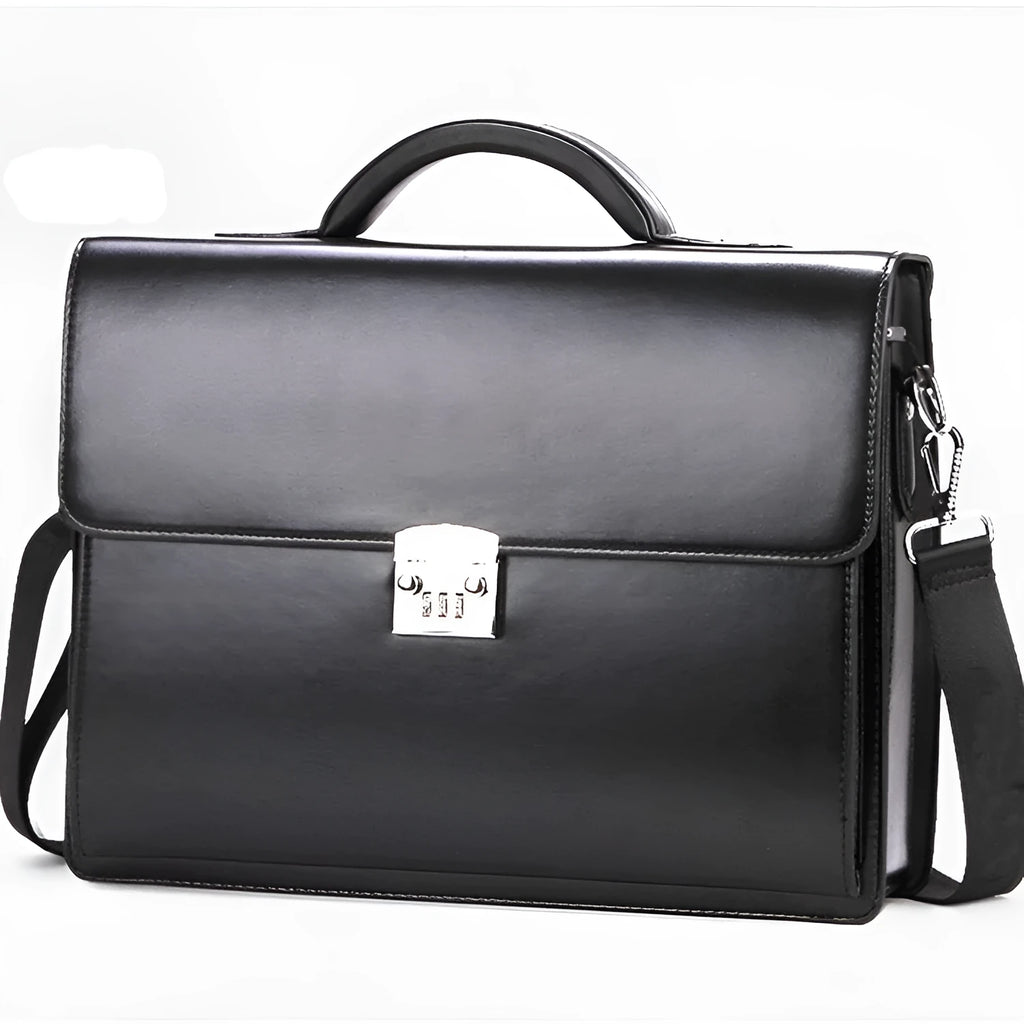 Black men's PU leather business briefcase with zipper open showing internal pockets.