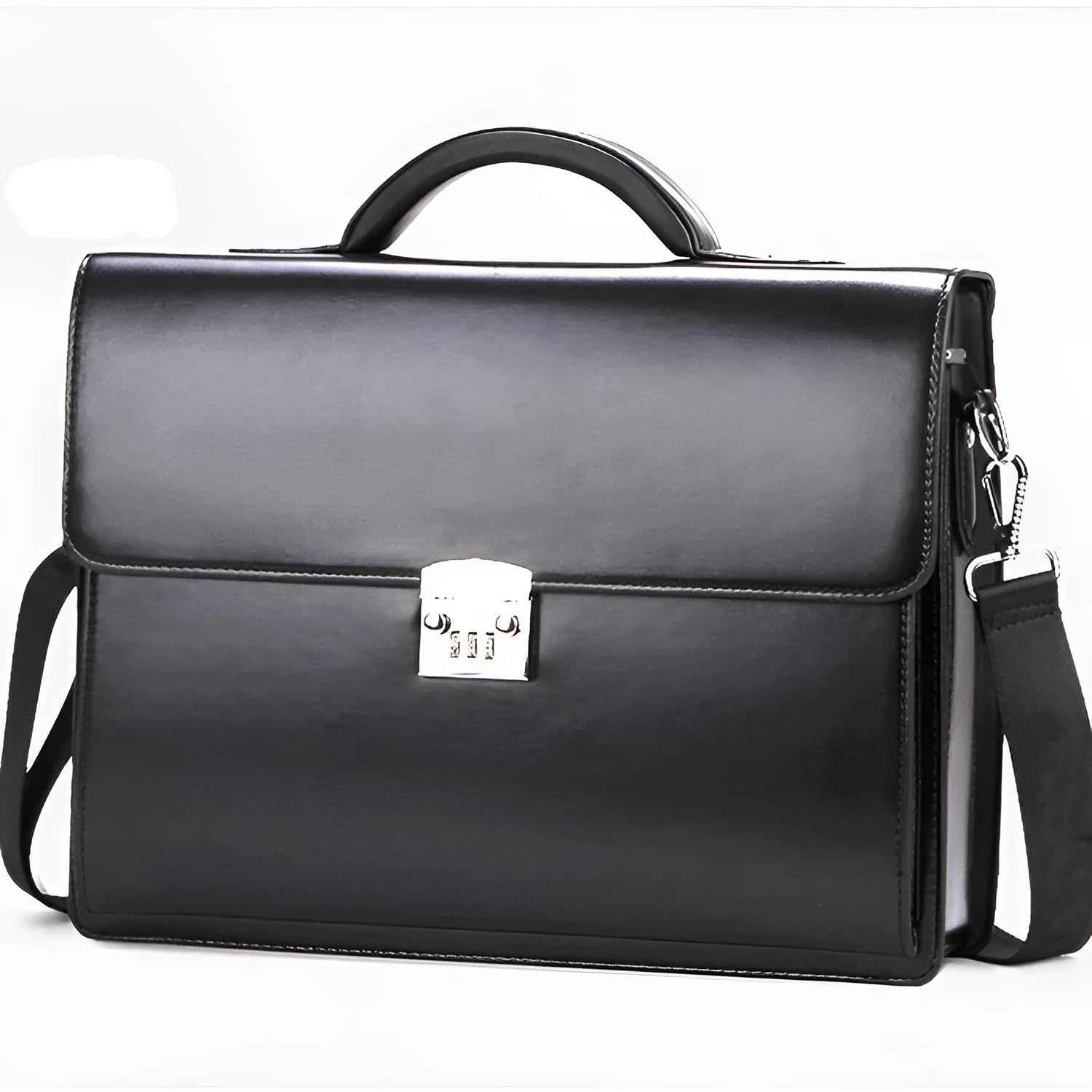 Black men's PU leather business briefcase with zipper open showing internal pockets.