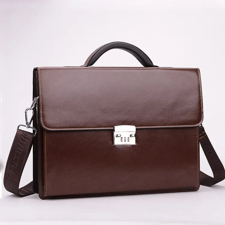 Black men's PU leather business briefcase with zipper open showing internal pockets.