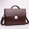 Black men's PU leather business briefcase with zipper open showing internal pockets.