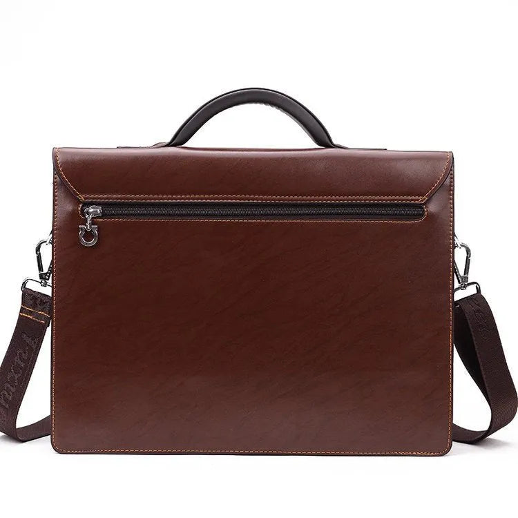 Black men's PU leather business briefcase with zipper open showing internal pockets.