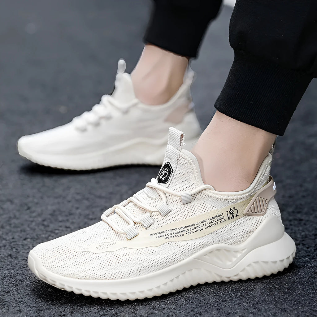 Men's white mesh sports shoes with rubber soles and front tie closure