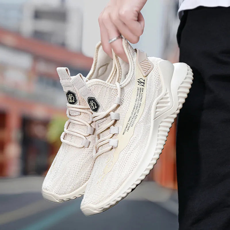 Men's white mesh sports shoes with rubber soles and front tie closure