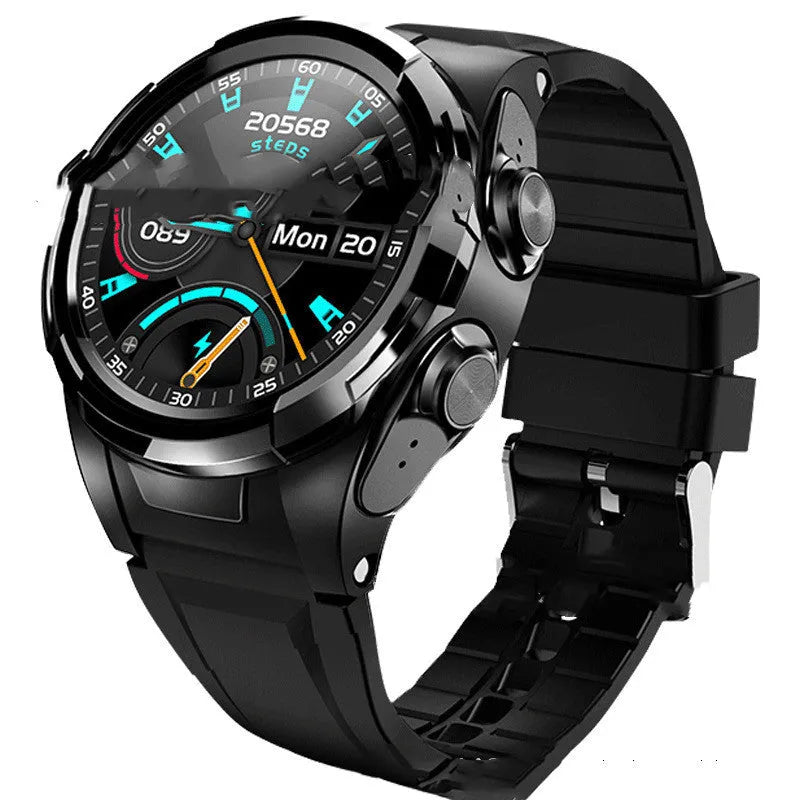 2-in-1 Bluetooth headset smart bracelet with 1.28in HD screen, zinc alloy body, 250mAh battery, and earbuds in charging bin