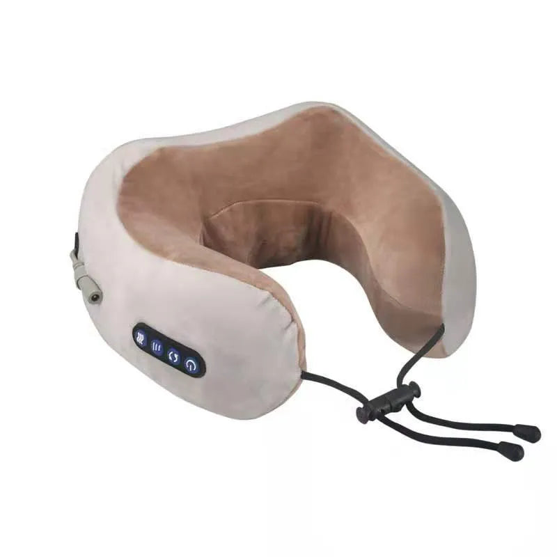 Brown U-shaped electric neck massage pillow with rechargeable battery and heating function