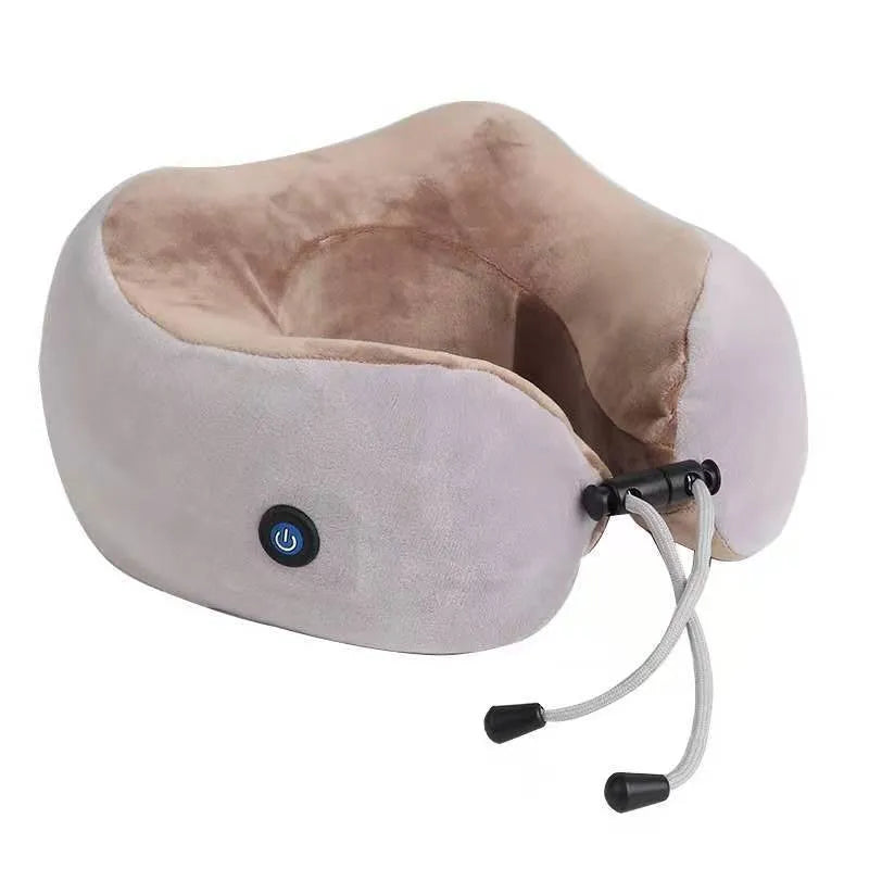 Brown U-shaped electric neck massage pillow with rechargeable battery and heating function