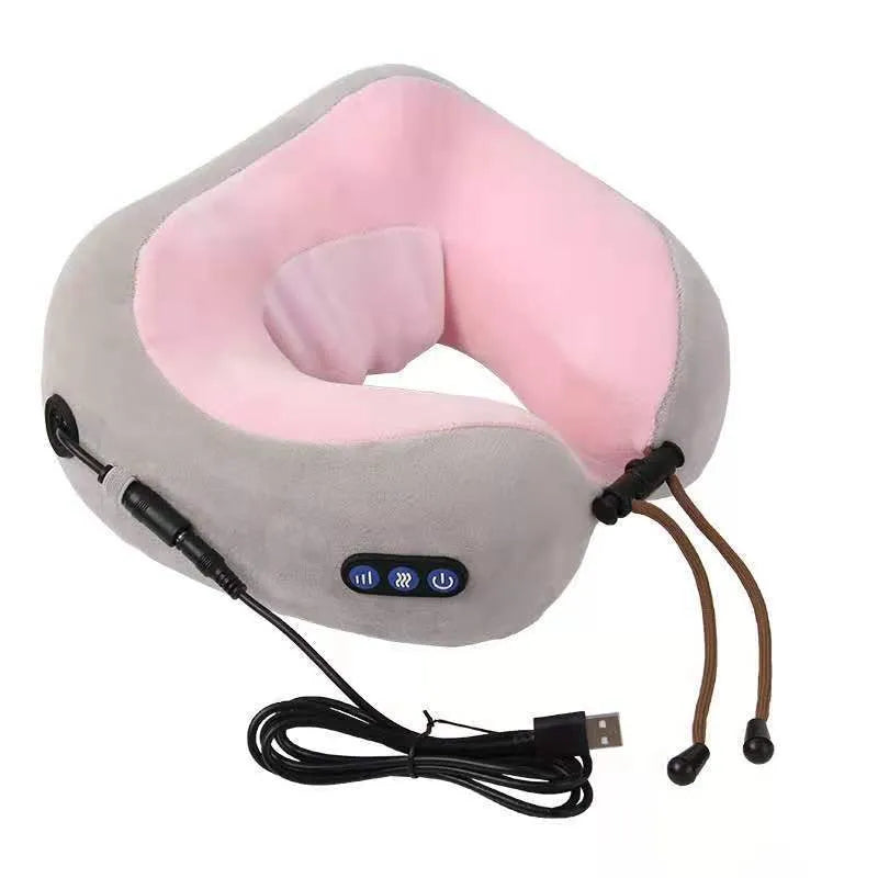Brown U-shaped electric neck massage pillow with rechargeable battery and heating function