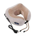 Brown U-shaped electric neck massage pillow with rechargeable battery and heating function
