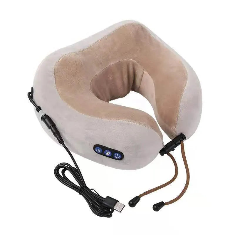 Brown U-shaped electric neck massage pillow with rechargeable battery and heating function
