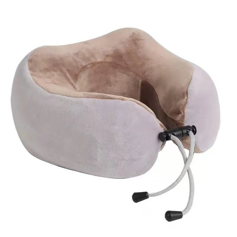 Brown U-shaped electric neck massage pillow with rechargeable battery and heating function