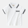 Boys white and black cotton polo shirt with short sleeves and a round neck