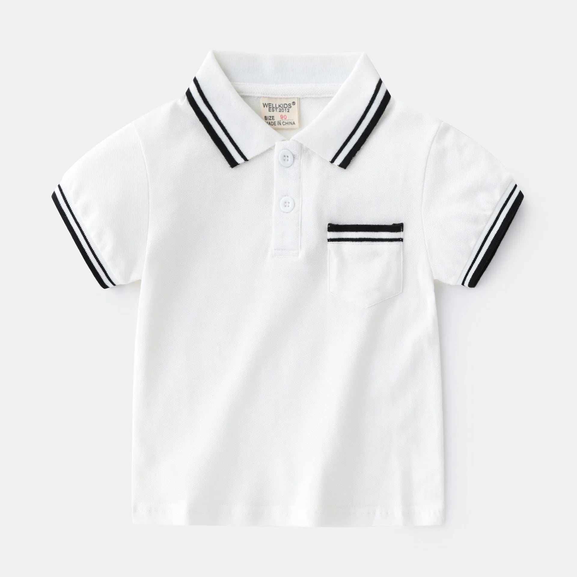 Boys white and black cotton polo shirt with short sleeves and a round neck