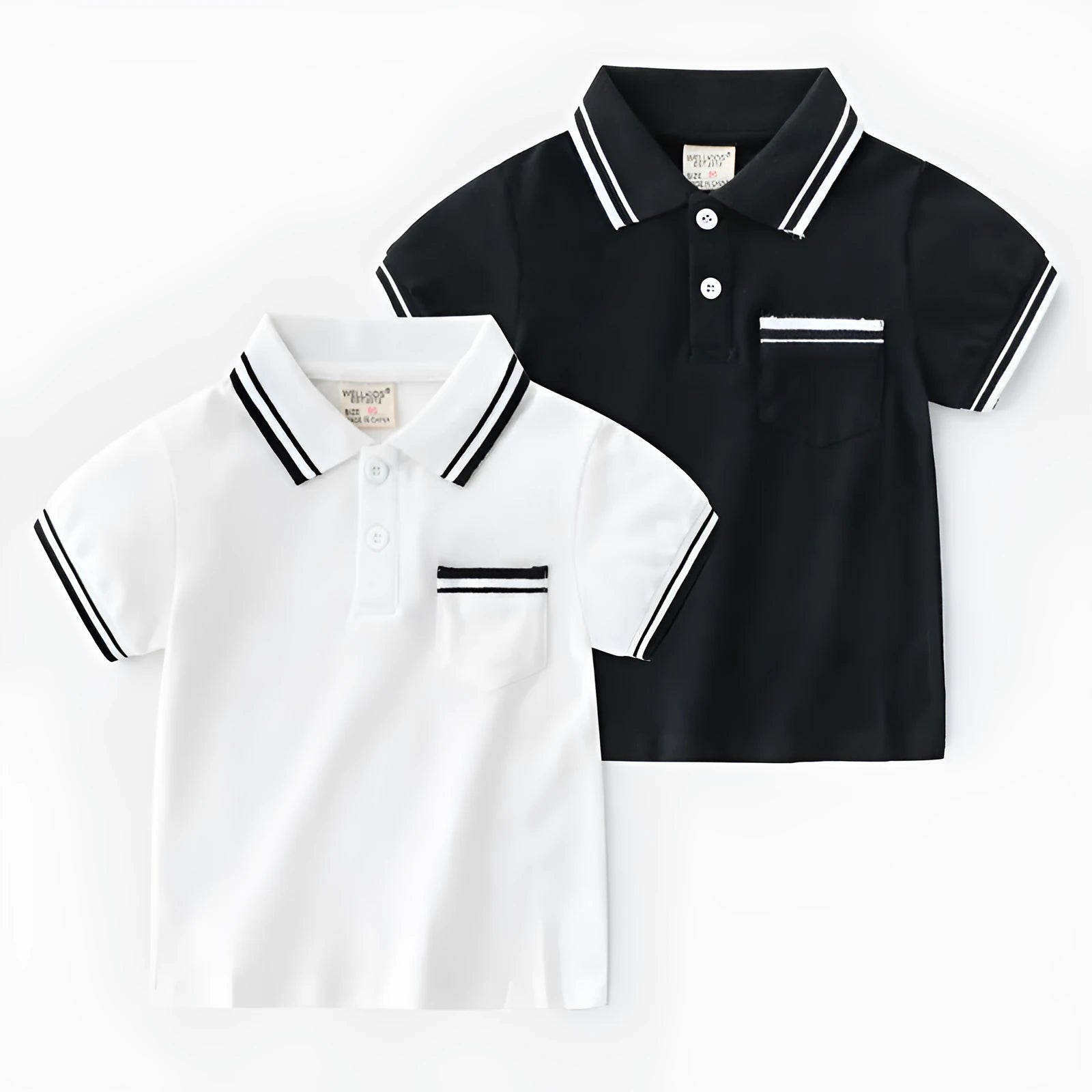 Boys white and black cotton polo shirt with short sleeves and a round neck