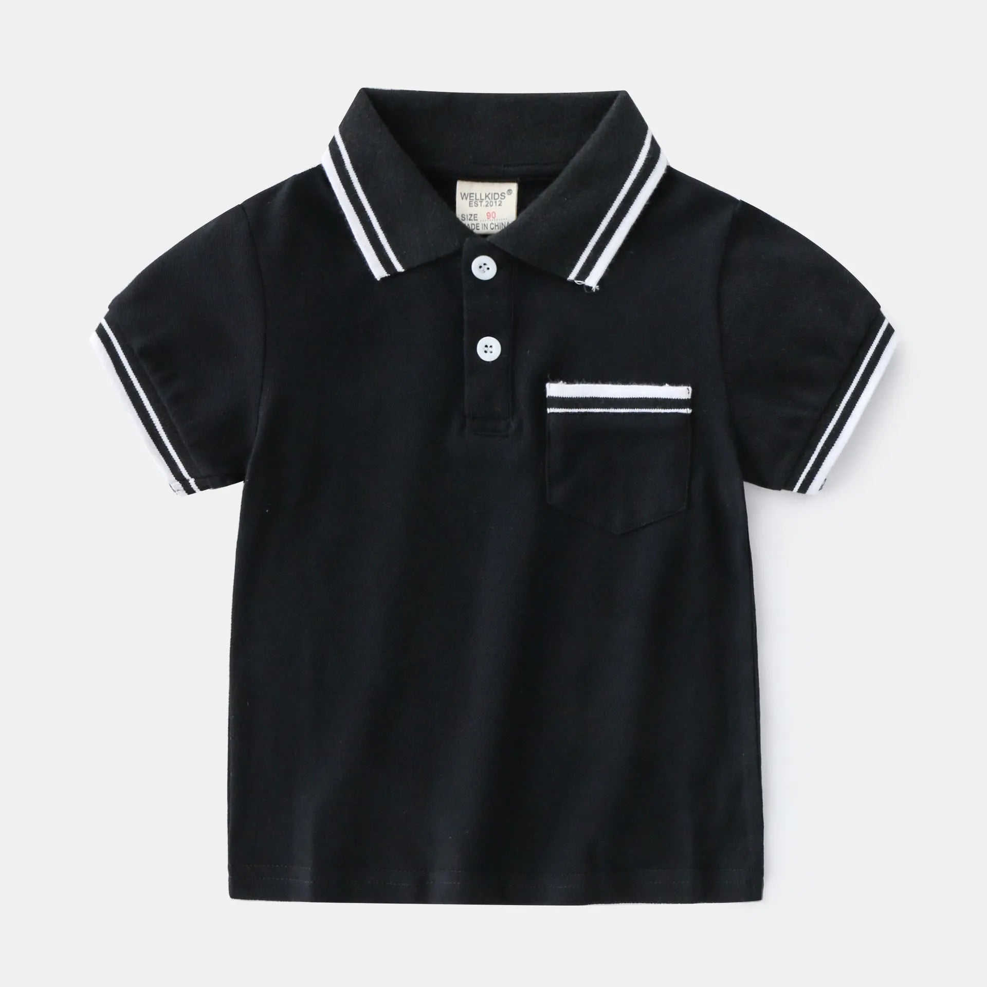 Boys white and black cotton polo shirt with short sleeves and a round neck