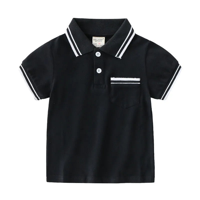 Boys white and black cotton polo shirt with short sleeves and a round neck