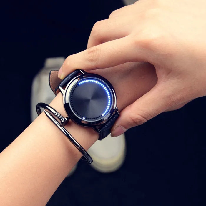 Casual digital watch with blue light effect on display, shown in black and white colour options.