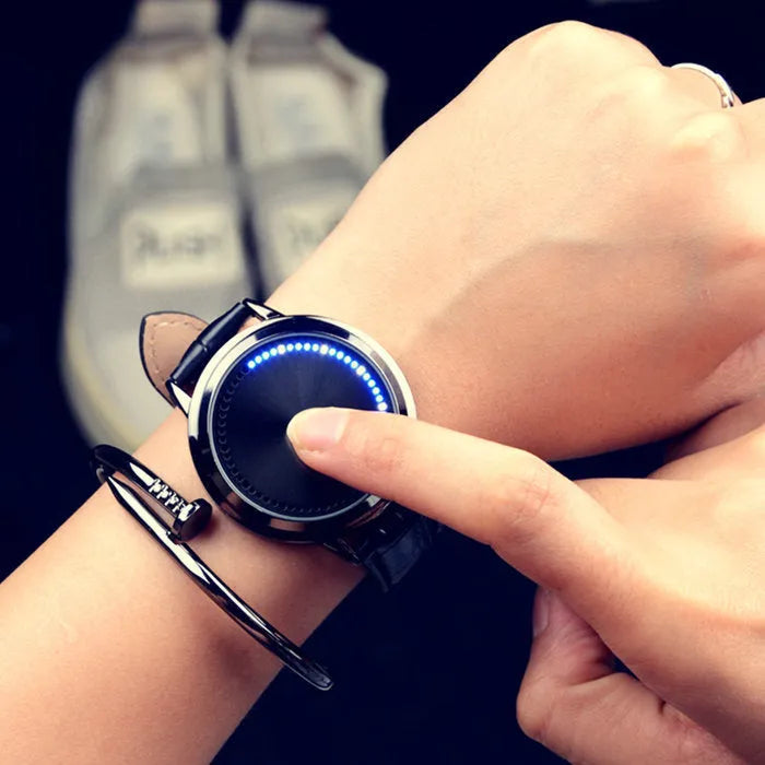 Casual digital watch with blue light effect on display, shown in black and white colour options.