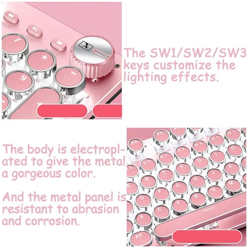 Queen Lipstick mechanical keyboard with green switches, silver bottom, and pink backlight on desk