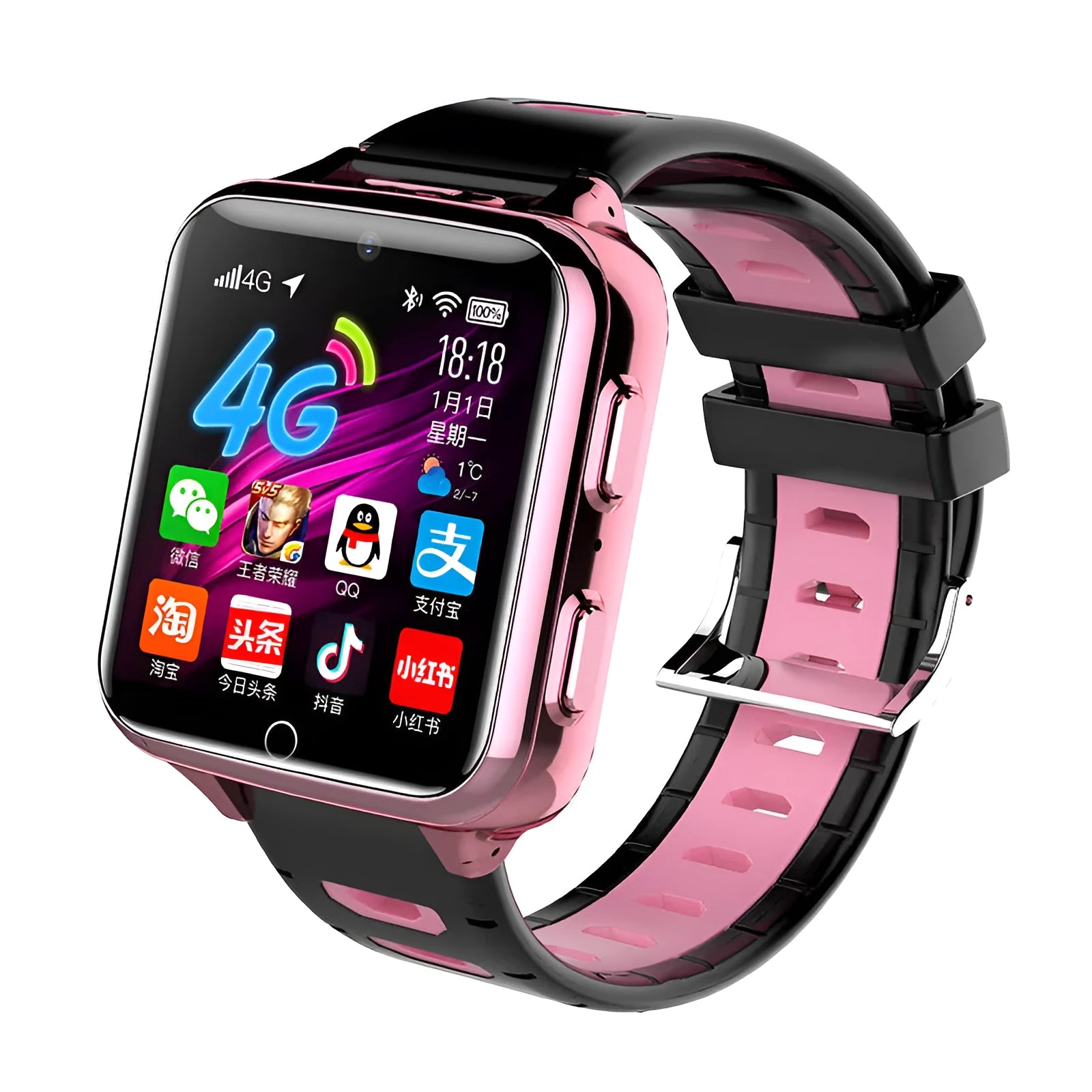 Children's smartwatch with a colourful silicone strap and a 1.54-inch touchscreen displaying a user interface.