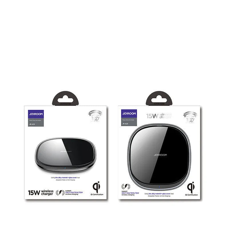 Black 15W square wireless charging pad with a glass top on a desk