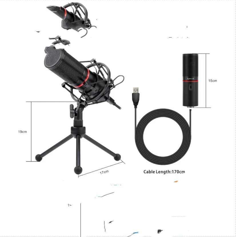 Black wired broadcast microphone with noise reduction for live streaming and singing recording
