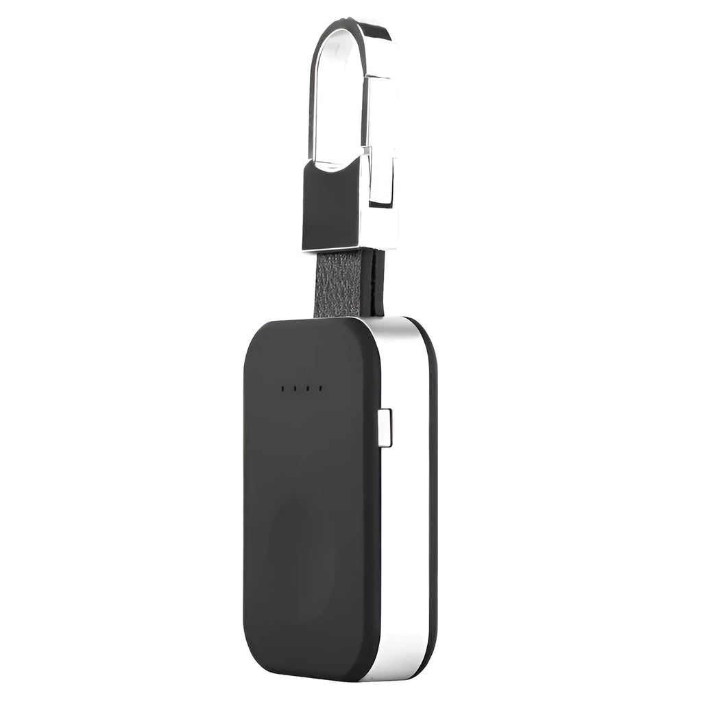 Black ABS Apple Watch wireless charging power bank on a keyring, shown next to an Apple Watch.