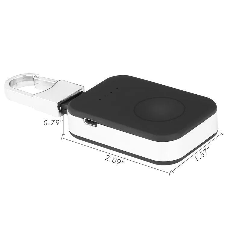 Black ABS Apple Watch wireless charging power bank on a keyring, shown next to an Apple Watch.
