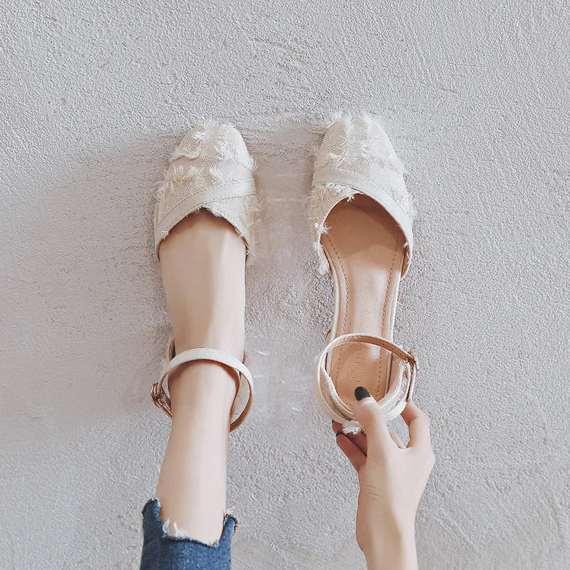 Women's apricot suede flats with ankle strap and low 3cm heel