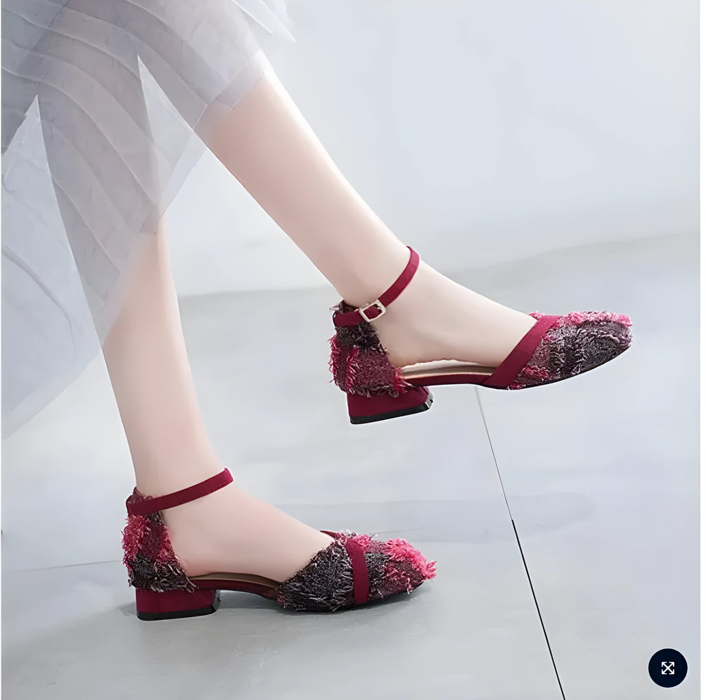 Women's apricot suede flats with ankle strap and low 3cm heel