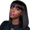 Black human hair wig for women with 10-inch length and machine-made construction