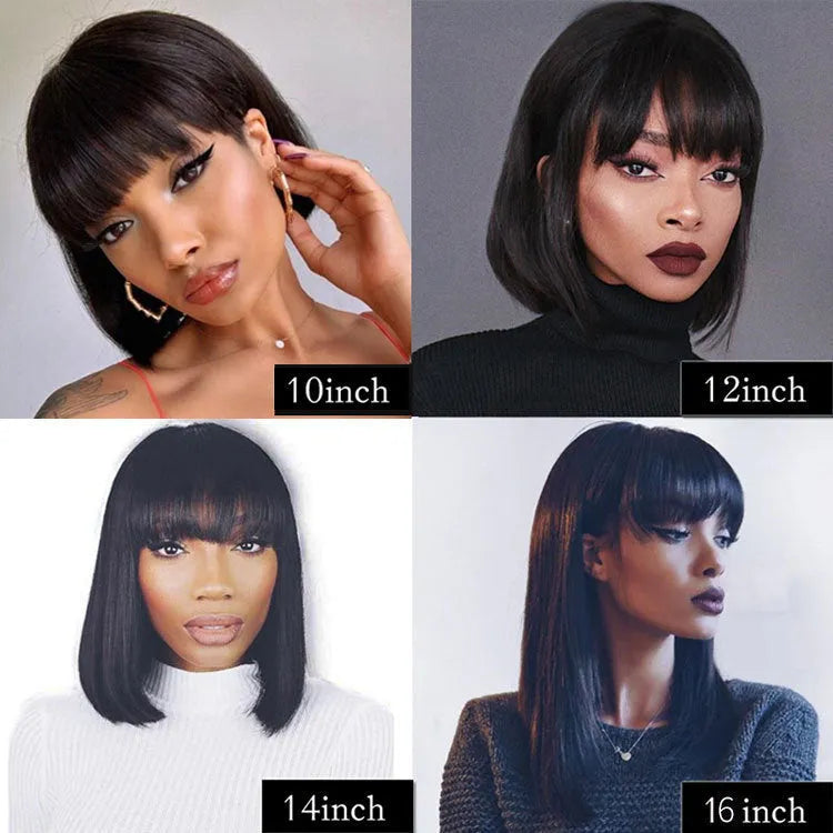 Black human hair wig for women with 10-inch length and machine-made construction