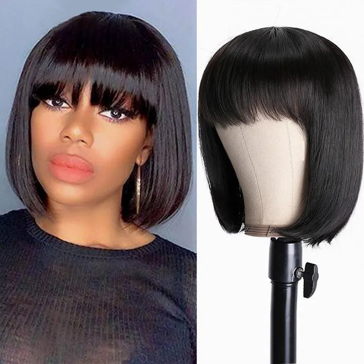 Black human hair wig for women with 10-inch length and machine-made construction