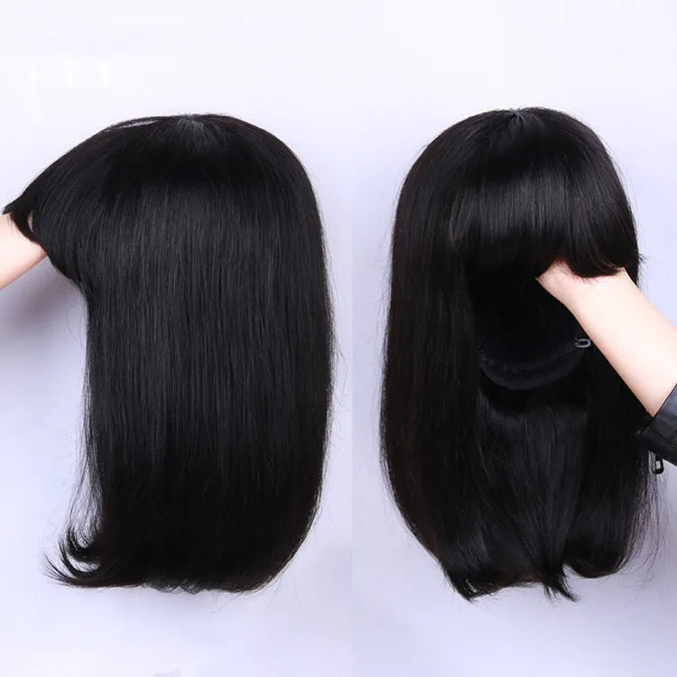 Black human hair wig for women with 10-inch length and machine-made construction