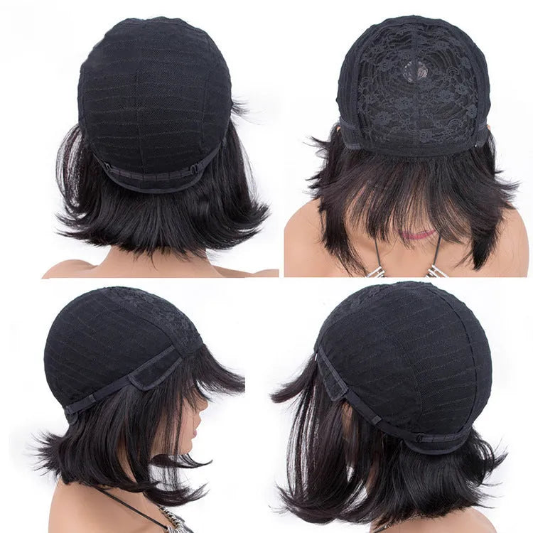 Black human hair wig for women with 10-inch length and machine-made construction