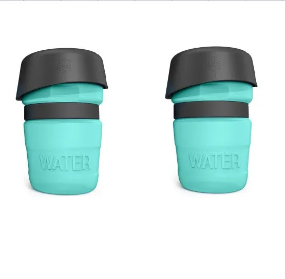 Foldable dog travel water bottle 520ml with fold cap bowl, blue, food-grade silicone and HDPE, leak-resistant pet dispenser