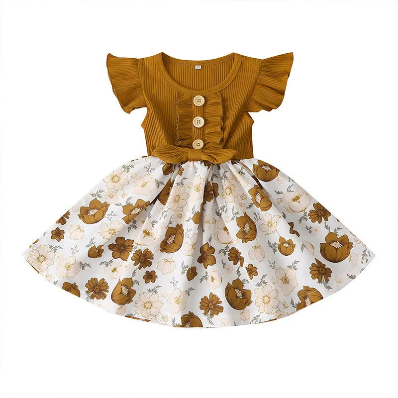 Toddler girl in sleeveless summer dress showing colour options and size range 80-120cm