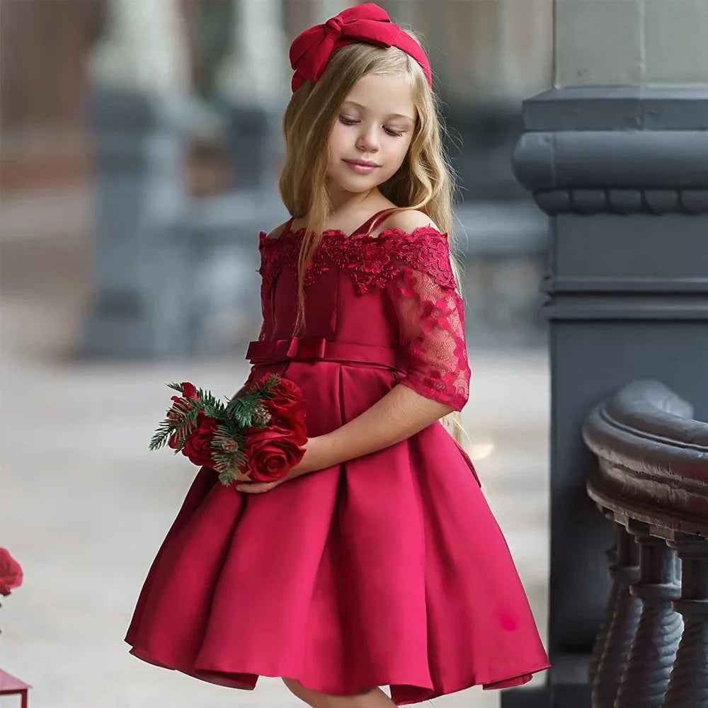 Girls' lace-detailed dress in polyester available in multiple colours and child sizes 3T to 10T