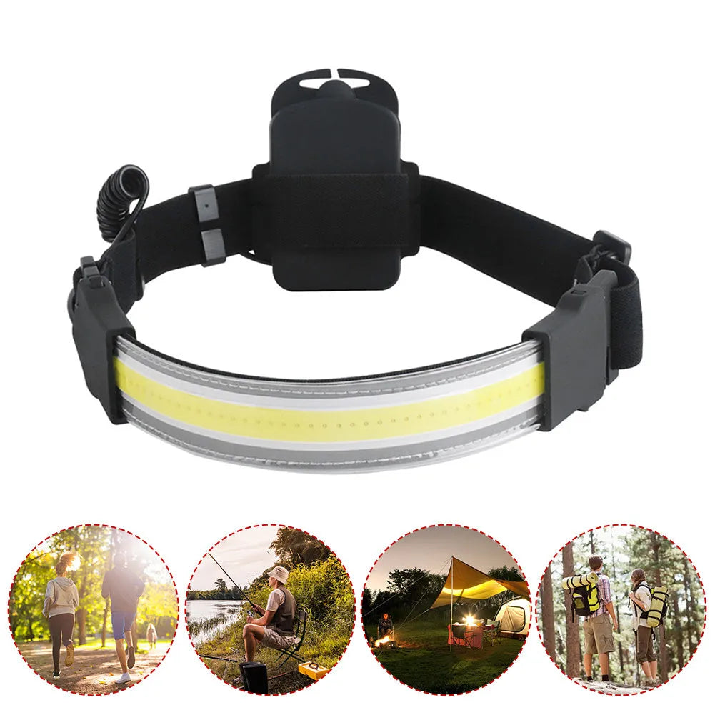 COB LED headlamp with built-in 1800mAh rechargeable battery, adjustable headband, and USB cable, shown in black.