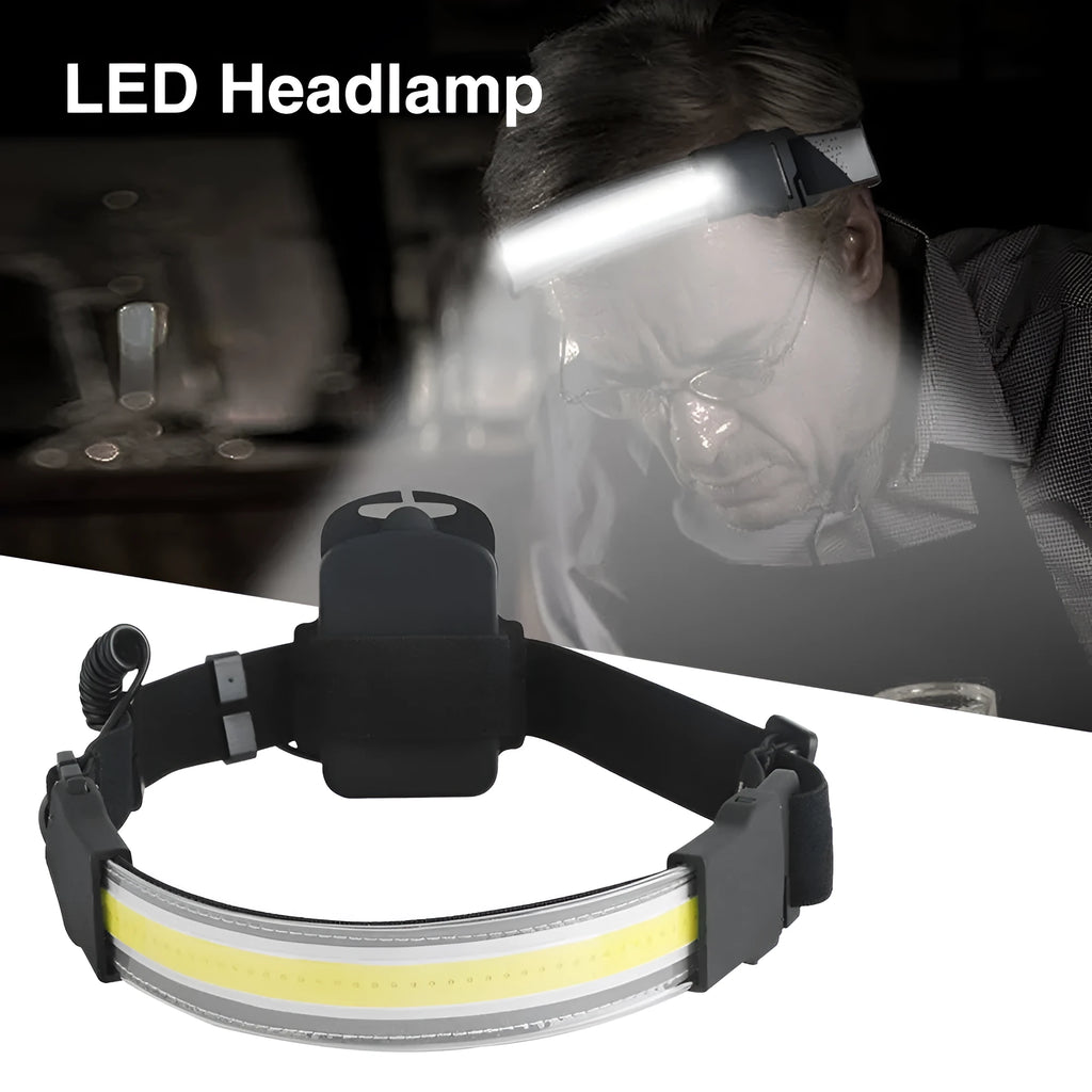 COB LED headlamp with built-in 1800mAh rechargeable battery, adjustable headband, and USB cable, shown in black.