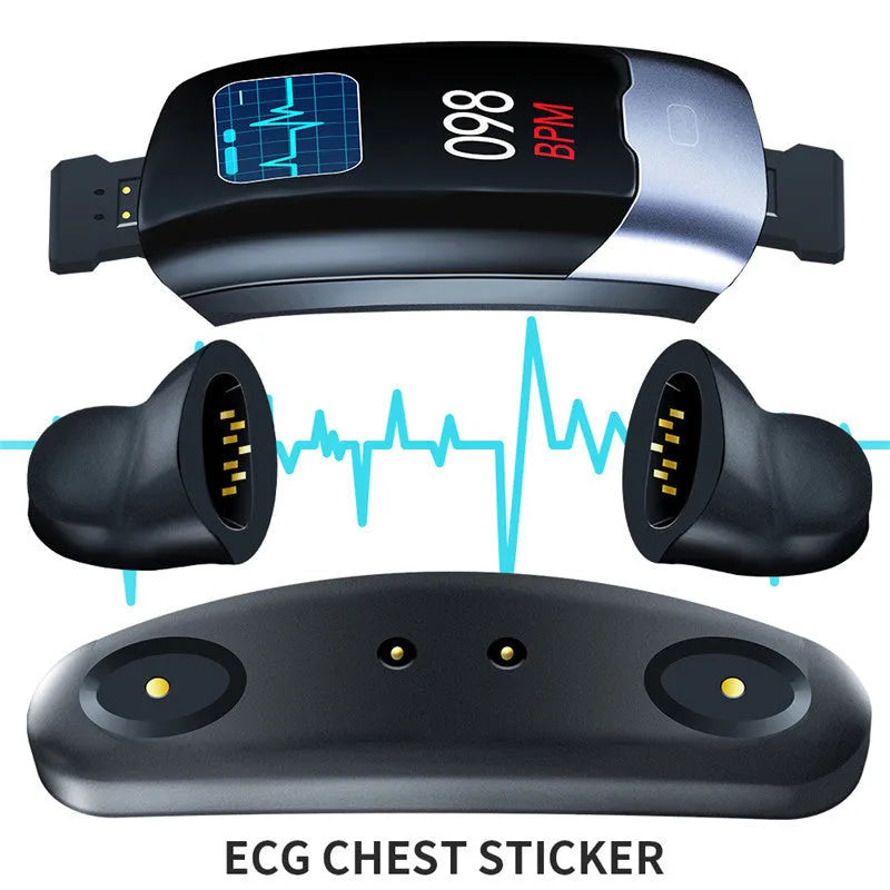 Black smart bracelet fitness tracker with digital display on a wrist.