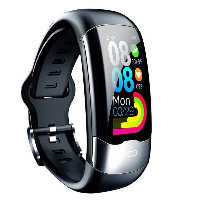 Black smart bracelet fitness tracker with digital display on a wrist.