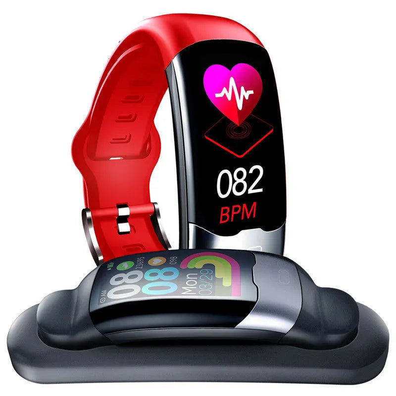 Black smart bracelet fitness tracker with digital display on a wrist.