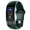 Black smart bracelet with touch screen displaying heart rate and ECG graph on a wrist.