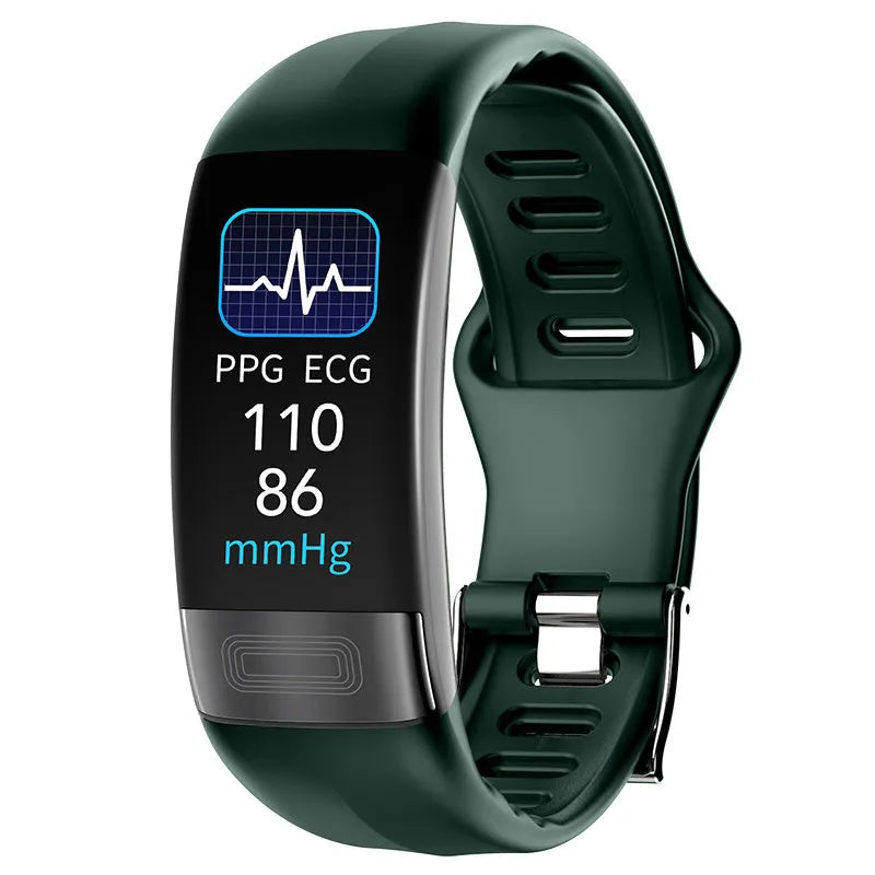 Black smart bracelet with touch screen displaying heart rate and ECG graph on a wrist.
