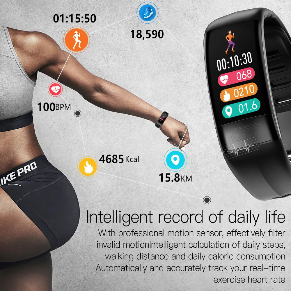 Black smart bracelet with touch screen displaying heart rate and ECG graph on a wrist.