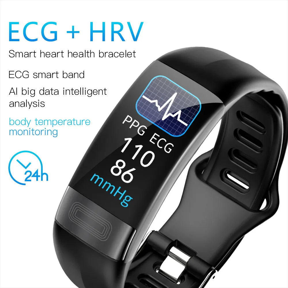 Black smart bracelet with touch screen displaying heart rate and ECG graph on a wrist.