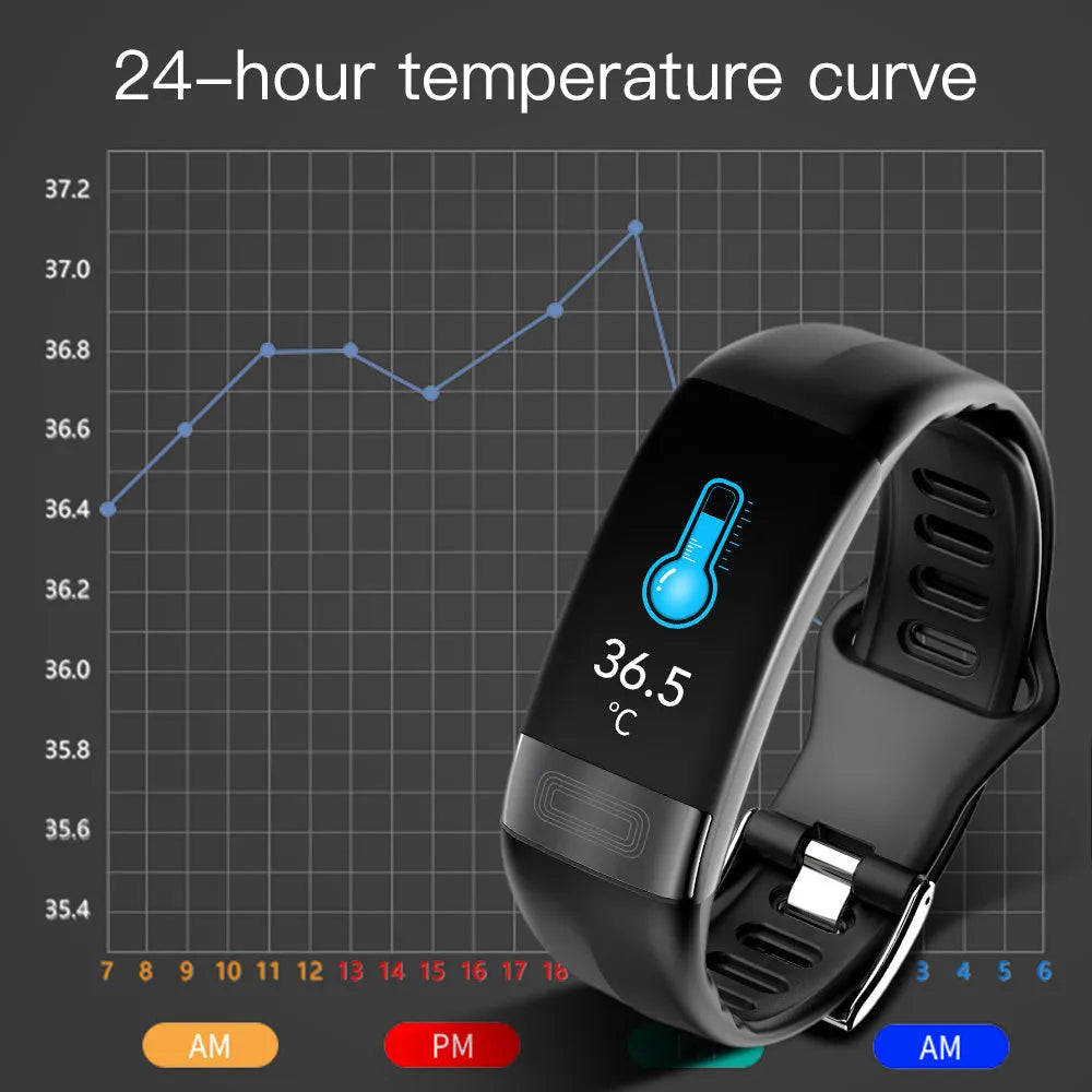Black smart bracelet with touch screen displaying heart rate and ECG graph on a wrist.