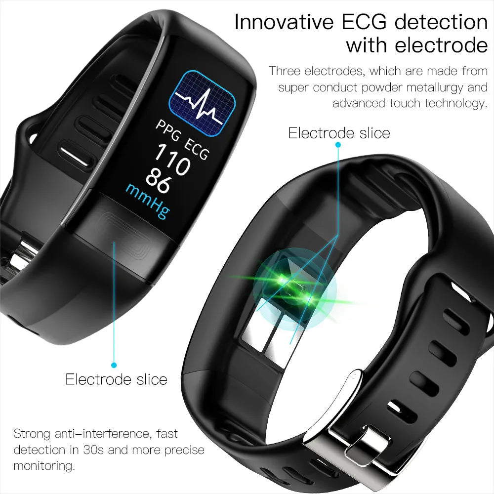 Black smart bracelet with touch screen displaying heart rate and ECG graph on a wrist.