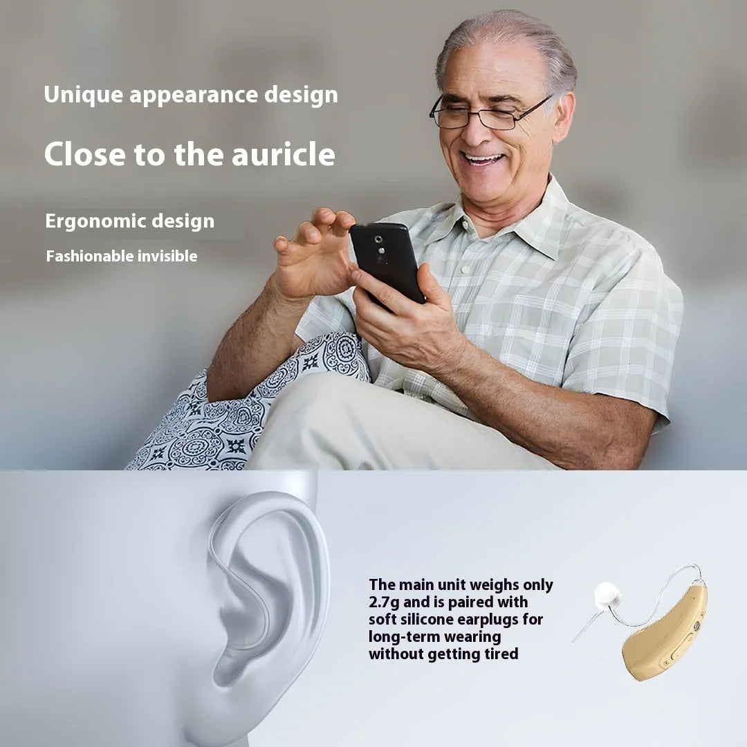 Skin colour digital hearing aid with noise reduction and Type-C charging, shown with warehouse case and cable.